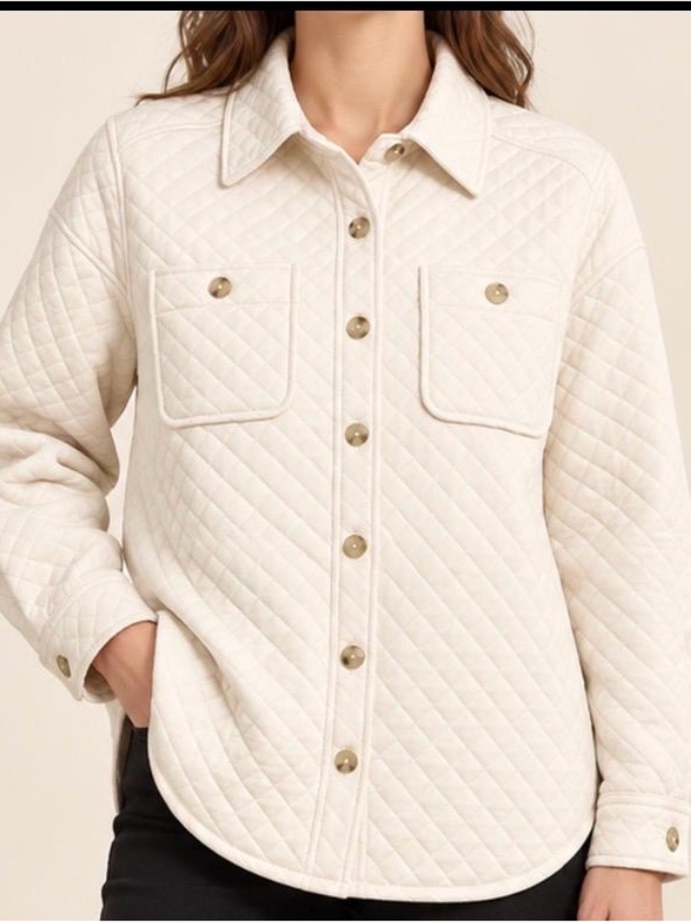 Quilted Cream Button-Front Shirt Jacket